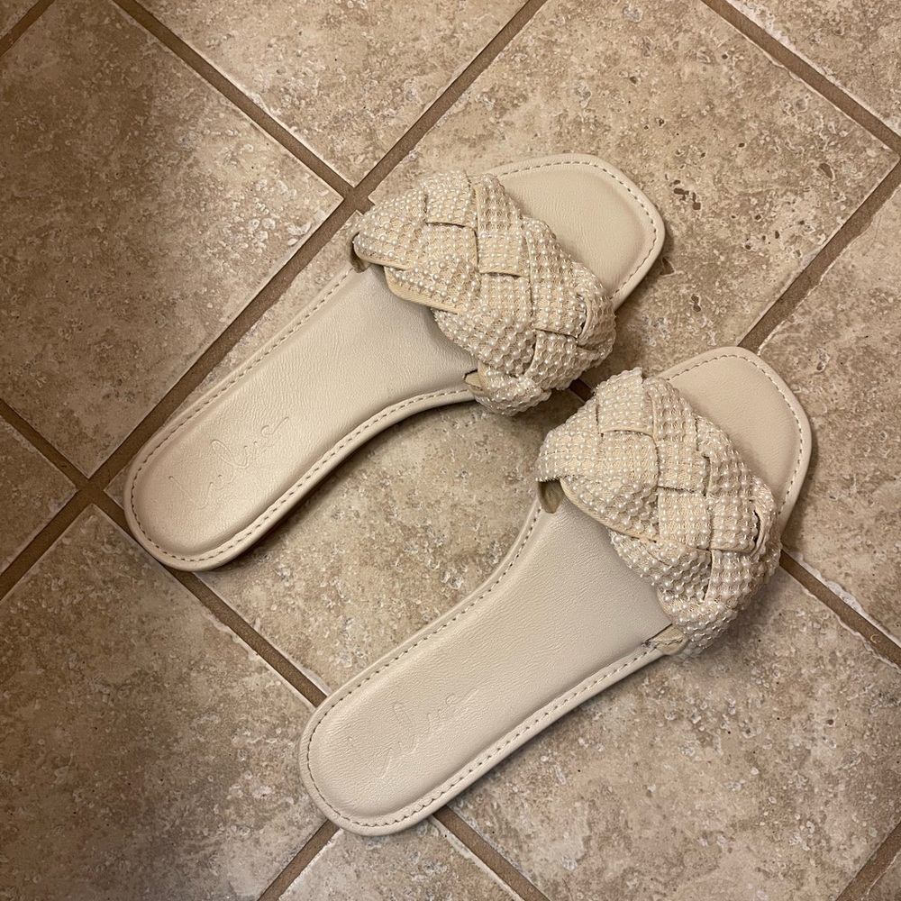 Avalon Ivory Pearl Braided Flat Slide Sandals, size 8, Lulus
